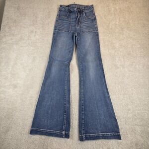 American Eagle Super Hi-Rise Flare Jeans Womens 0 Blue Patch Pocket Stretch Deni